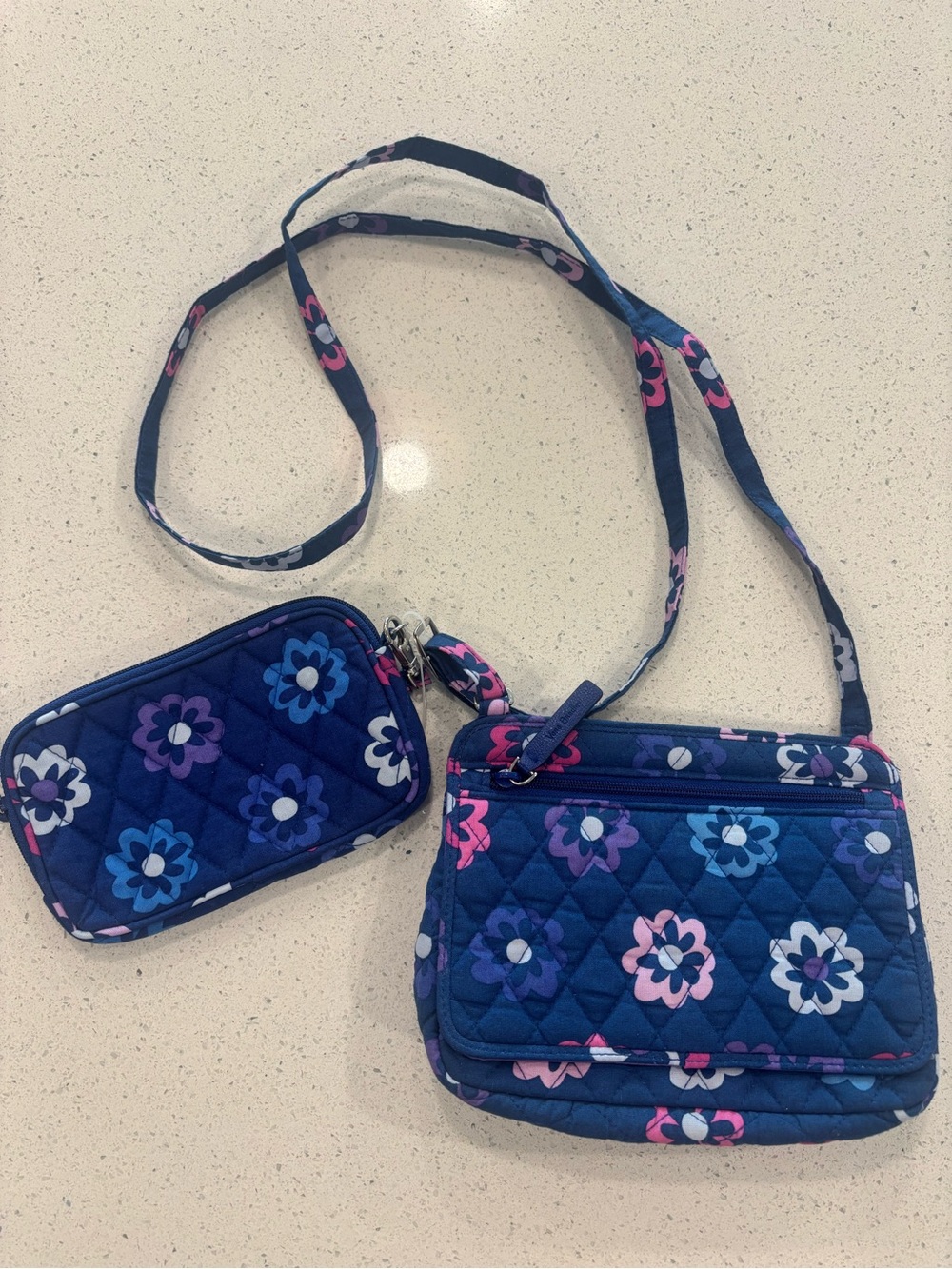 Vera Bradley Quilted Floral Crossbody Bag and Pouch in Navy “”Ellie Flowers”